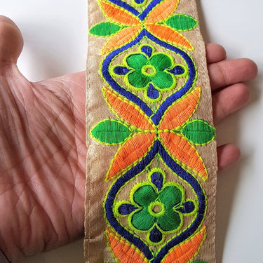Beige Art Silk Fabric Trim With Orange, Green, Blue And Yellow Floral Embroidery
